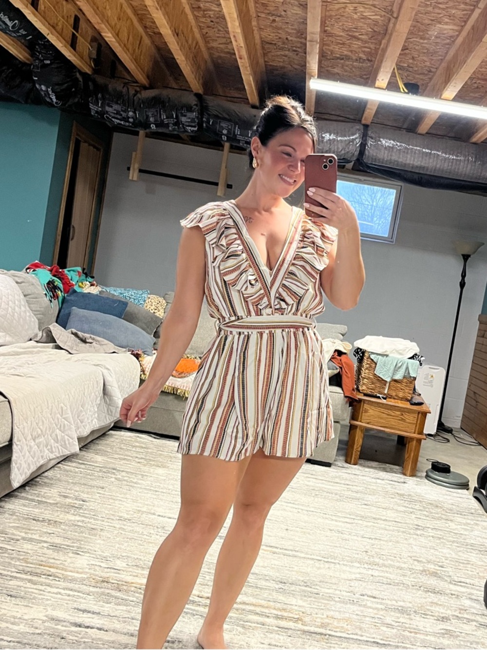 Moon River Multicolor Striped Ruffle Romper- would fit a med or smaller large